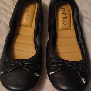 Me Too Black Halle Leather Flats with Bow Accent